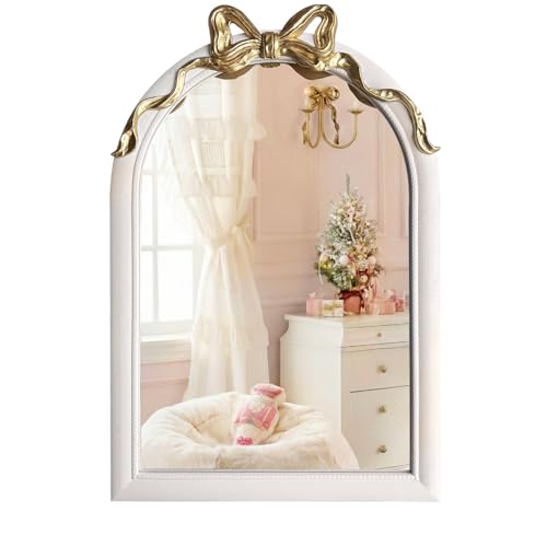 iyabat 36x24 Arched White Bow Wall Mirror with Gold Ribbon Vintage Vanity Mirror for Bedroom & Nursery Decor Cute Coquette Aesthetic Engineered Wood Frame Shabby Chic Style