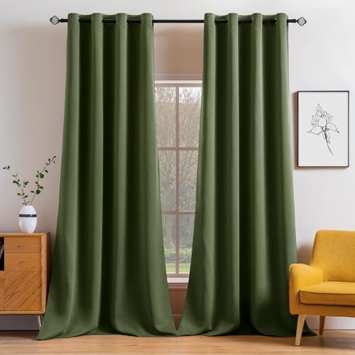 MIULEE Blackout Curtains 96 Inches Long for Bedroom Living Room Thermal Insulated Black Out Drapes Room Darkening Grommet Top Solid Light Blocking Drapery Set of 2 Window Panels Olive Green