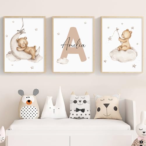 3 Affiche Chambre Bébé Beige 30X40CM Poster Personnalisé Prenom Enfant Tableau Ourson Chambre Bébé Toile Decoration Murale Enfant Garcon Poster Ourson Bebe Affiche...