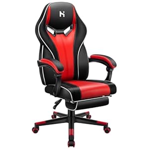 HLONONE Gaming Stuhl, Bürostuhl mit Armlehnen und Fußstütze, Ergonomischer Gamer Stuhl, Höhenverstellbarer PC Stuhl, 90-135° Verstellbare Rückenlehne, 150 kg Belastbarkeit, Schwarz-Rot