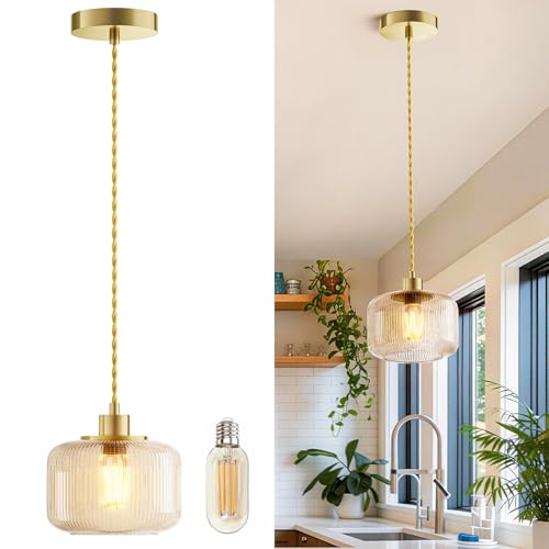 Karjoefar Amber Vintage Glass Pendant Light, Vintage Hand Blown Pendant Lamp, E26 7W LED Bulb Included, Adjustable 7.5"-59" Hanging Cord, 110V Pendant Light for Kitchen Island Dining Hallway
