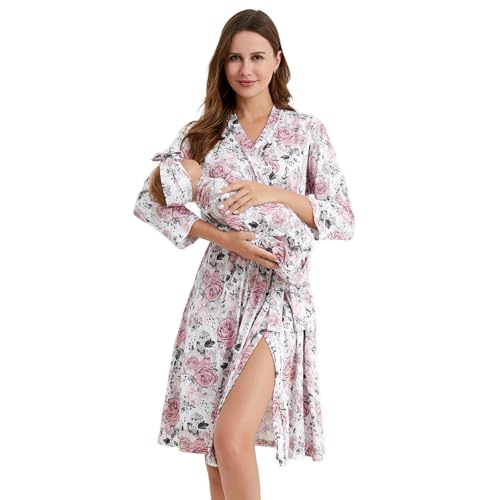 Image of Galabloomer Vintage Maternity Robe and Baby Receiving Blanket, Matching Mommy Labor Delivery Robe and Swaddle Set