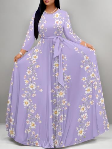 Image of Women Plus Size Long Sleeve V Neck Maxi Dress with Belt | Soft fabric relaxed fit three quarter sleeve v neck with pockets for party and daily wear