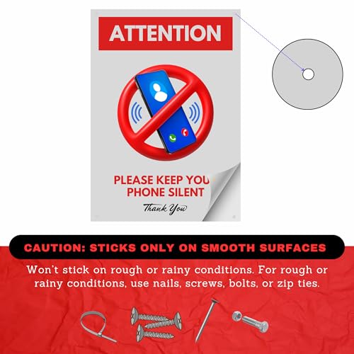 Image of Please Keep Your Phone Silent Sign Sticker Board | 29 x 20 CM | Peel & Stick or Screw Fixing | Pre-Drilled Holes | Office, School, Hospital & Library Signage (Phone Silent, A4 - Medium - 1 Piece)