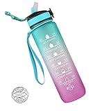 Happyshare 32oz Leakproof Durable BPA Free Sports Water Bottle with Time Marker & Straw, Stainless Shaker Ball, Drink for Fitness, Gym and Outdoor Sports…