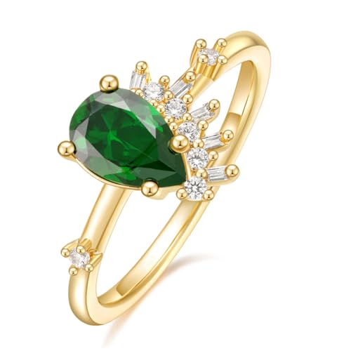 14K Gold Plated 1CT Engagement Rings for Women Pear Cut Green Created Emerald CZ Wedding Promise Rings for Her Size 5-10