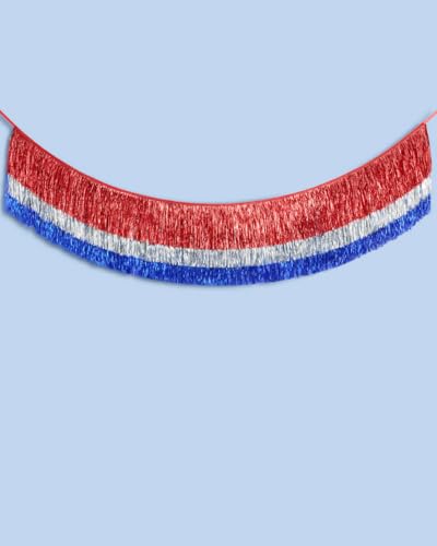 Image of xo, Fetti Red, Silver + Blue Layered Fringe Banner - 6 Ft. | 4th of July Decorations, Western Party Decorations, Patriotic Birthday Party Decor, Cowboy Backdrop, Summer BBQ Sign