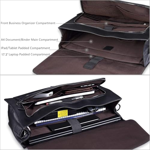 Image of ESTARER Men's Leather Briefcase 17.3 Inch Laptop Computer Bag for Office /Business /Travel, Large Satchel Professional Leather Messenger Shoulder Bag, Black