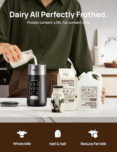 DREO Electric Milk Frother, 8-in-1 Silent Milk Steamer & Hot Chocolate Maker, 270ml Stainless Steel Automatic Foam Frother for Latte Art-Level Microfoam, Coffee, Easy to Clean, LED