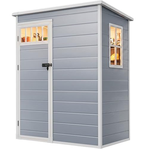 Image of DWVO 5x3FT Outdoor Storage Shed with Fence-Style and Side Windows, Floor, Lockable Doors, Plastic Storage Shed for Backyard and Garden, Gray