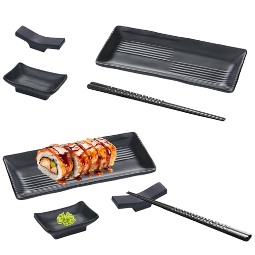 Japanisches Sushi Geschirr Set Melamin-Servierset für Sushi mit 2 Paar Essstäbchen 2 Essstäbchenablagen 2 Teller 2 Dipteller Sushi-Servierset für 2 Personen für Restaurants Familien und Hotels