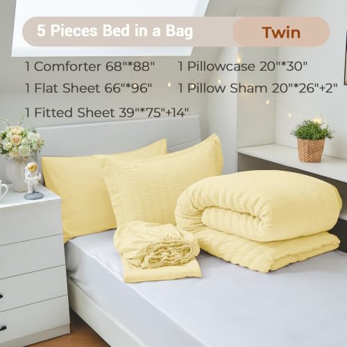 Image of MUXHOMO 5 Pieces Twin Comforter Set, Seersucker Bed in a Bag Twin Size, All Season Luxury Bedding Set with Comforter, Flat Sheet, Fitted Sheet, Pillowcase & Sham, Yellow