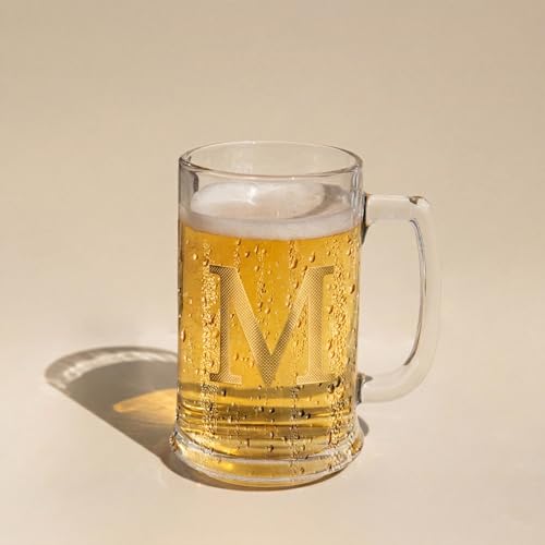 COLLECTIVE HOME Personalized Monogram Beer Mug - 14oz Glass Stein with Gilded Accents, Ready-to-Gift in Designer Box, Premium Gift Box for Men, Birthday or Father's Day (M)