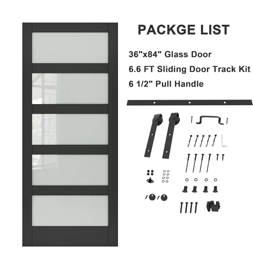 Image of 36 inchx84 inch Frosted Glass Barn Door with 6.6FT Sliding Hardware & Handle, Black