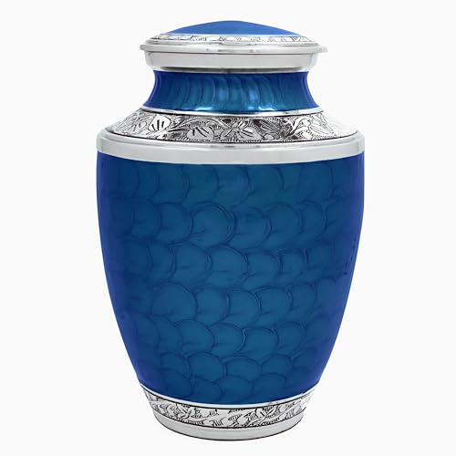 Image of ALPHA Living HOME Cremation Urns for Human Ashes Adult - Decorative Memorial Funeral Urn with Secure Screw Lid, Handcrafted Metal Burial Urn for Men & Women (Blue & Silver)
