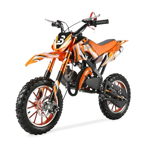 BLAZEGO 49cc Kids Dirt Bike, 2-Stroke Gas Powered Dirt Bike, Motorcycle with Off-Road Tires, Front/Rear Disc Brakes, Shock Absorption, Soft Seat Cushion, Mini Dirtbike for Kids 8-14, Orange