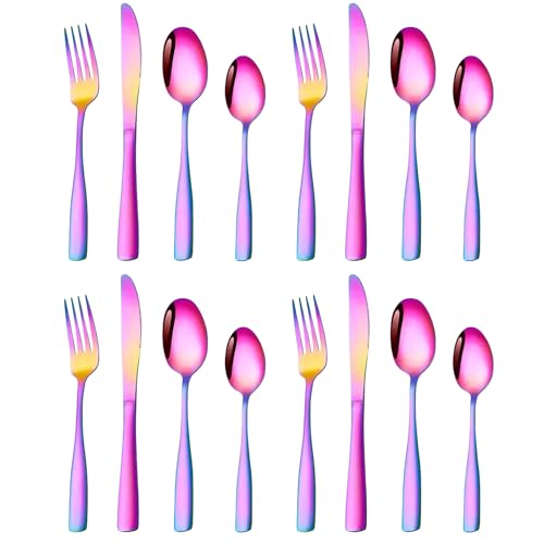 Image of aDai Rainbow Silverware Set, Satin Finish | 16-Piece Stainless Steel Flatware Set | Dishwasher Safe Kitchen Cutlery for Home, Restaurant & Gifting