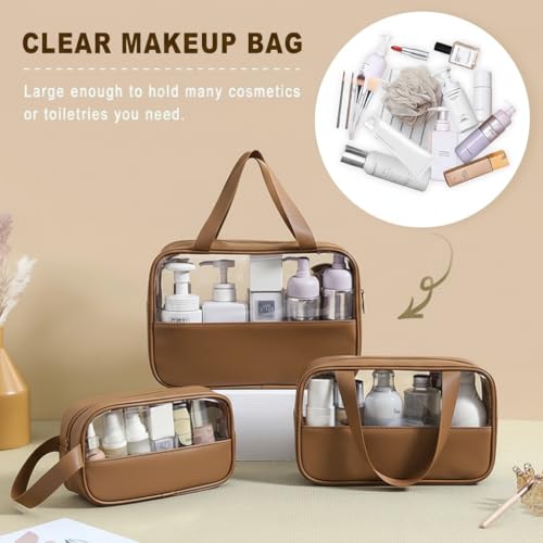 Image of KBS Toiletry Kit Cosmetic Makeup Storage Organizer Clear Styilish Wash Bag Pouch Set of 3 for Travel Luggage Transparent with Metal Zipper Gift for Men Women Girls (Brown)