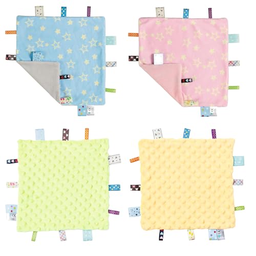 Image of CREVENT Soft Baby Lovey Security Blanket, Small Plush Comfort Blanket for Baby Girls, Sensory Soothing Toy, Newborn, 10 inch x 10 inch 4pcs