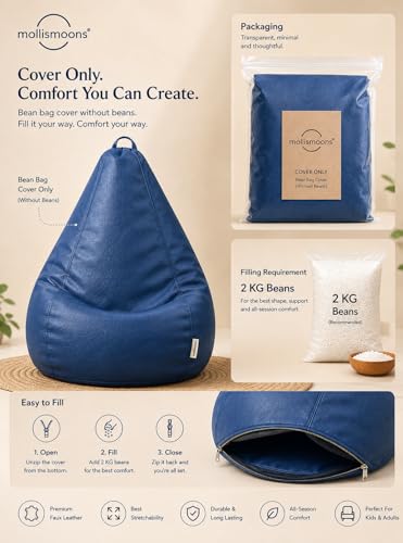 Image of Mollismoons Premium 300 GSM Stretchable Faux Leather Bean Bag Cover Only (Without Beans),Bean Bag Chair for Adults & Kids, Gaming, Study, WFH, Indoor Outdoor,45x24Inch (Royal Navy Blue)