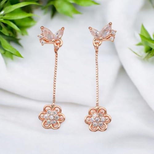 Image of Nilus Collection Rose Gold Plated Heart Design Dangling Earrings with American Diamond Stones For Women And Girls | Gift For Her | Rose gold wedding gift |Romantic gift for women