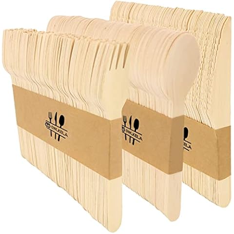 OWLKELA 300pcs Wooden Disposable Cutlery Set, BPA Free Biodegradable Renewable Wood Eco Friendly for Picnic Party - 100 Forks, 100 Knives, 100 Spoons Cover