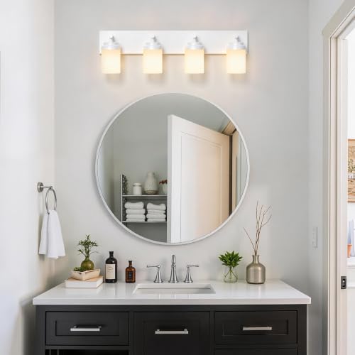 Image of IZORRO Bathroom Light Fixture White, White Glass Shade 30-Inch 4-Light | Bathroom Light Fixtures Over Mirror, Modern Farmhouse Vanity Lights, Rustic Restroom Lighting Fixtures
