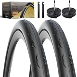 2-PCS 700C Bike Tire 700x25C/25-622, Racing Road Bike Tires Puncture Proof Bicycle Tires & 2 Inner Tubes 60mm Presta Valve, Bike Tires for Racing, Hybrid, Folding Bicycles