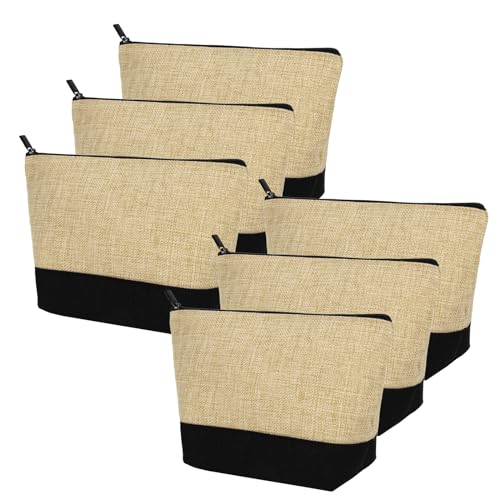 Image of Muka 6 Pack Burlap Makeup Bag, Two Tone Gusseted Cosmetic Case, 9 x 5-1 /2 x 3-1 /2 Inch