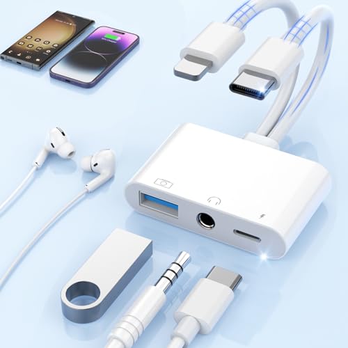 3 en 2 Adaptateur USB C + Lightning Jack 3,5 mm avec Charge Rapide Adaptateur de OTG, Adaptateur Casque PD 60W Charge Rapide Hi-Res Type C Lightning Audio...