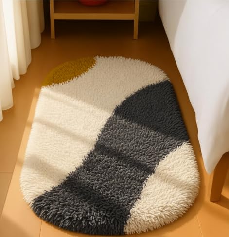Image of Vasrug Luxury Soft Shaggy Bedside Ovel Rug - Geometric Design | Plush High-Pile Bedroom Carpet, Pack of 1 Pic, 2x6 Feet, (AA18)
