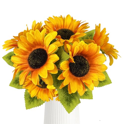 Image of 6PCS Sunflower Fall Artificial,Fake Silk Yellow Fall Sunflower Arrangement | 13.8 inch Autumn Artificial Flowers for Fall Home Decor, Baby Shower, Wedding Decor and Cemetery Flowers Decor