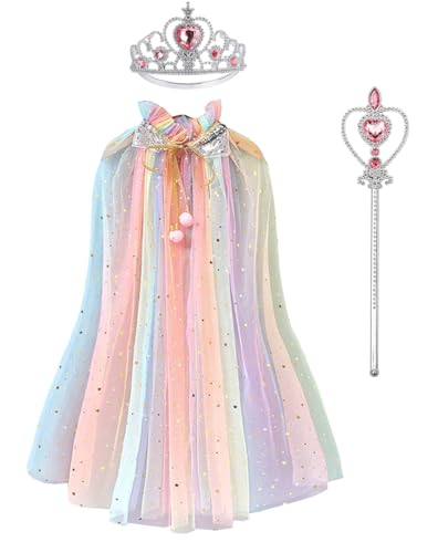 Image of Princess Cape for Girls - Colorful Sequin Cloak with Crown and Wand for Birthday, Halloween, Fancy Dress & Carnival