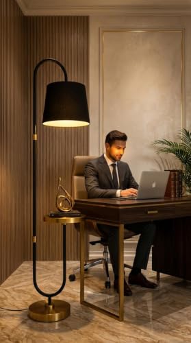 Image of Deco Crush Modern Floor Lamp with Built-in Side Table, Tall Metal Standing Lamp 5ft Height with Black Fabric Shade, Contemporary Reading Light for Living Room, Bedroom, Study Room and Home Decor