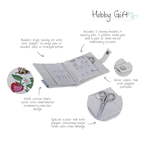 Hobby Gift Etui na igłę - 5 igieł do szycia, 4 bezpieczne szpilki 3 szpilki i nożyczki w zestawie - przechowywanie w 100% z bawełny - 2,5 x 9,5 x 11,5 cm - naturalne truskawki