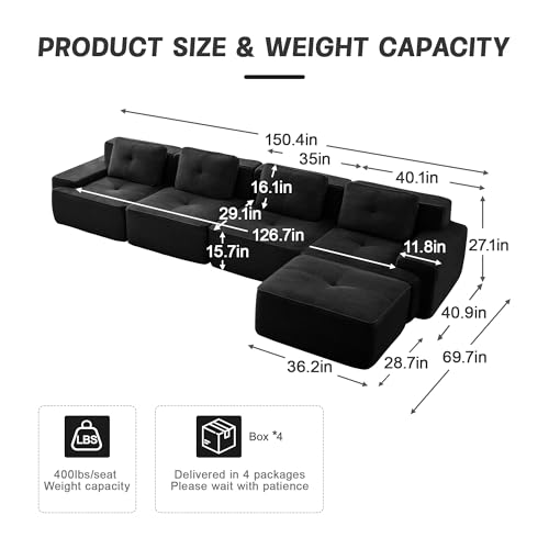 Image of 153 inch L-Shaped 4-Seater Modular Boneless Couch with Ottoman, Soft Corduroy Cloud sectional Sofa, Oversized Deep Seat, No Assembly Anti-Slip Stable Sofa, Black