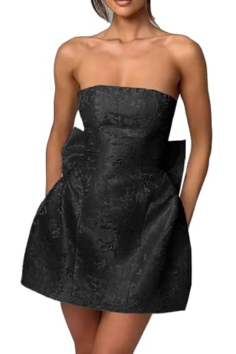 Fivsole Black Satin Strapless Mini Dress for Teens & Young Adults, Size 6, High Waist with Bow, Formal & Party Occasion