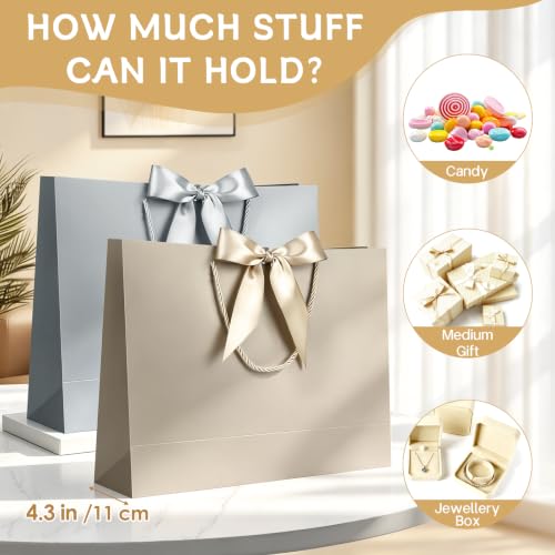 Image of JMANNI Gift Bags with Handles, 13 inch Medium Gift Bag for Presents, 4 Pcs Bags with 8 Tissue Paper and 4 Cards for Graduation Baby Shower Wedding Fathers Day Mother's Day Birthday Party(Champagne Silver)