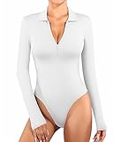 MANGOPOP Zip Up Bodysuit V Neck Collared Long Sleeve Body Suit Polo for Women Ribbed Deep Sexy Going Out Bodysuit Shirts