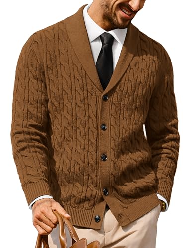 PJ Jones Men Cardigan Sweater Cable Knit Sweaters Shawl Collar