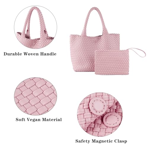 Image of Woven Tote Bag for Women Vegan Leather Handwoven Bags with Small Purse