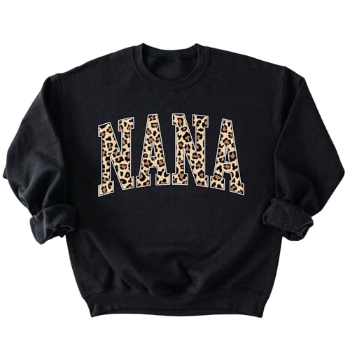 Leopard Print Mama Black Sweatshirt for Women Mom Mimi Nana Grandma Aunt Leopard Graphic Pullover (US Alpha Medium Regular Regular NANA)