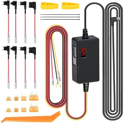 Dash Cam Hardwire Kit Type-C Hard Wire Kit 24H Parking Monitor 12V-24V to 5V Hardwire Kit with Low Voltage Protection 11ft for Dash Camera GPS Power Supply Cover