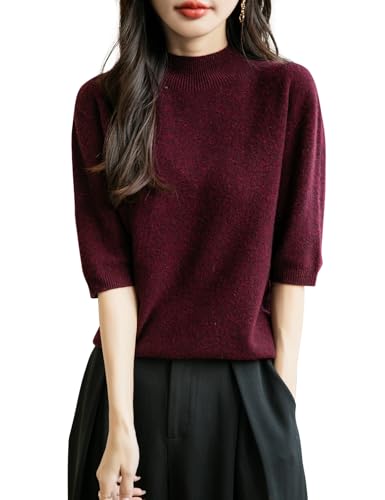 Women's 100% Merino Wool Spring Fall Winter First-Line Ready to Wear Seamless Knit Short Sleeve Mock Neck Sweater