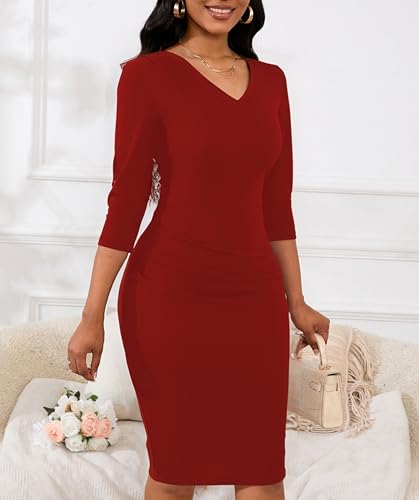 Women's Wear to Work Dress V Neck 3/4 Sleeve Ruched Office Party Wrap Midi Pencil Dresses2