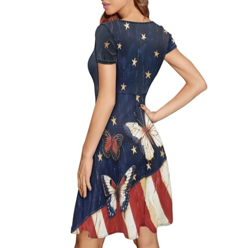 Image of HUGS IDEA Womens Puffy Swing Midi Dress Round Neck Short Sleeve Party A-Line Dresses
