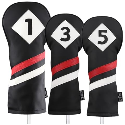 Majek Retro Golf Headcovers Black Red and White Vintage Leather Style 1 3 5 Driver and Fairway Head Covers Fits 460cc Drivers Classic Look Cover