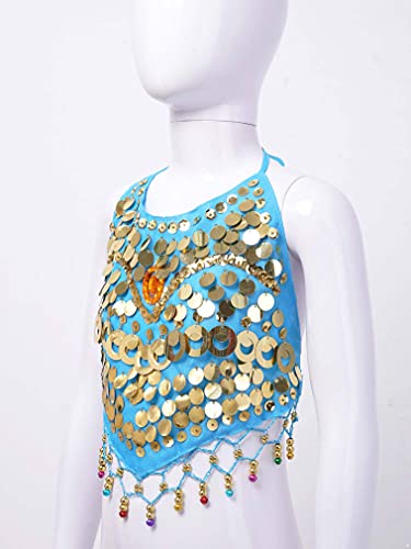FEESHOW Kids Girls Glitter Sleeveless Crop Top Lace-up Halter Neck Backless Sequins Bells Tassel Decor Top4