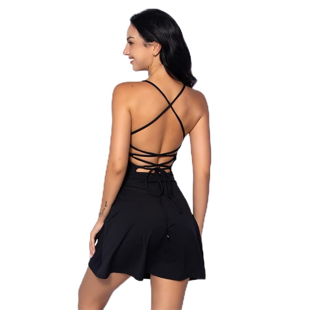 IDOPIP Tenniskleid für Damen mit integriertem BH und Shorts mit Taschen Sexy Schnürung Rückenfreies Golf Athletic Sportkleider
