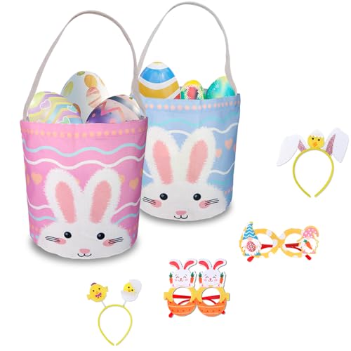 Image of 2 Pcs Easter Egg Baskets for Kids, Easter Eggs Hunt Basket for Kids Empty, Bunny Basket Egg Gifts Bags with Rabbit Fluffy Ears, Includes Fun Easter Accessories for Girls Boys Party Favors